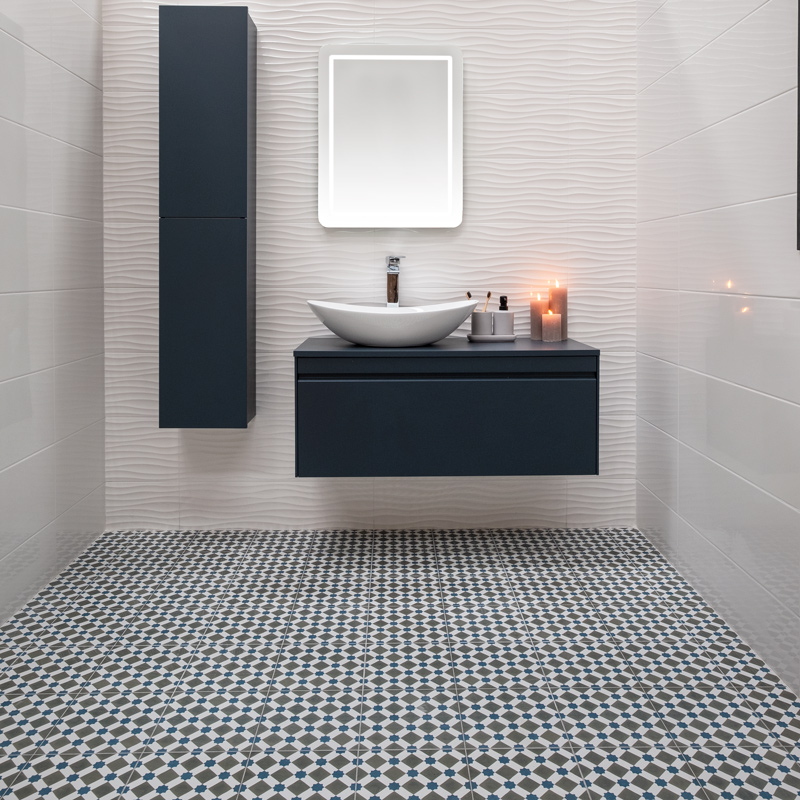 encaustic look geometric floor and wall tile for hallways, bathrooms and kitchens. Buy online or in stores at Westmeath, Limerick, Dublin, Kerry and Cork, Ireland.