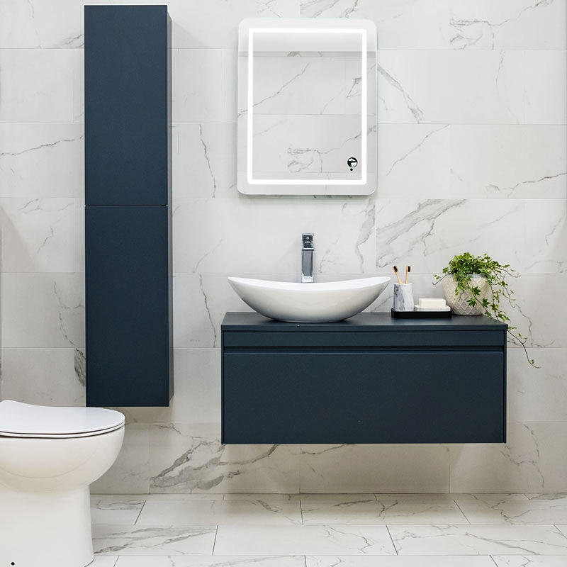 Install a wall-mounted vanity unit and tall boy to give the impression of space in a bathroom. Buy online or in stores at Westmeath, Limerick, Dublin, Kerry and Cork, Ireland.